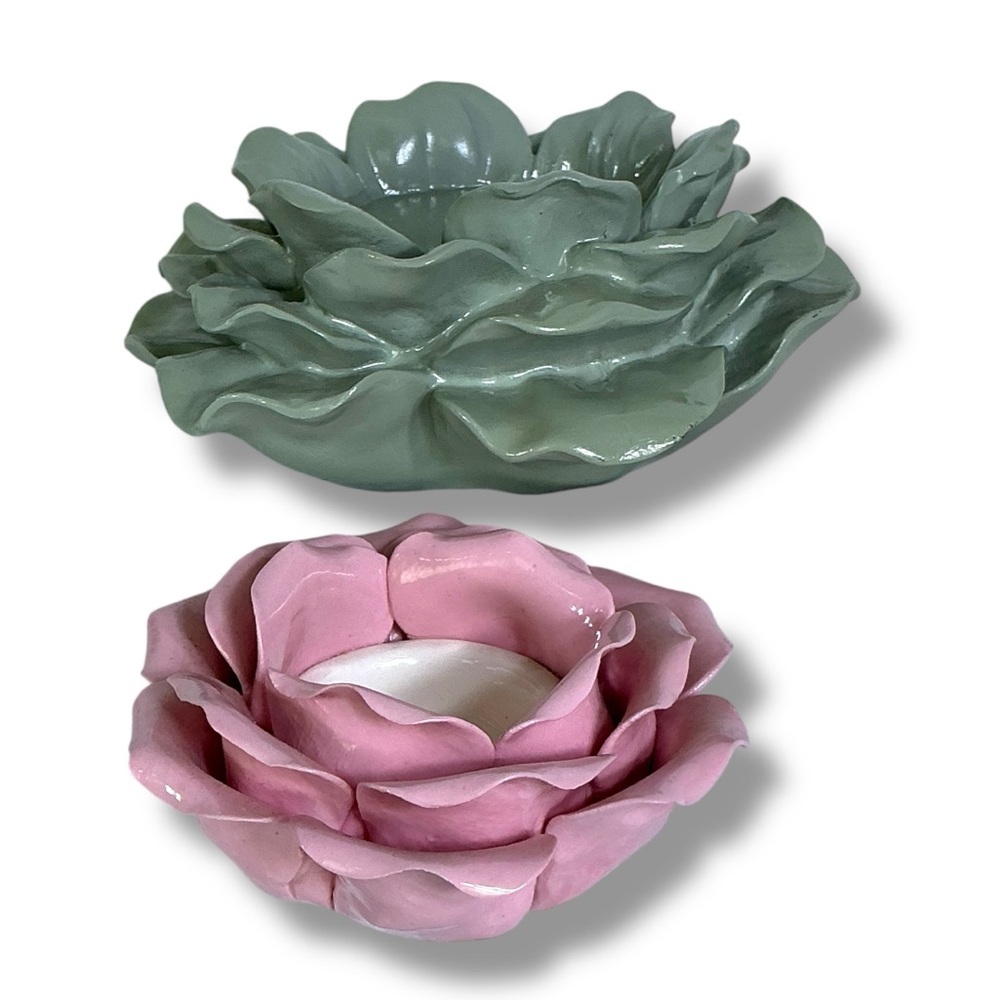 Artisan Ceramic Floral Candle Holders Green Pink Vintage Set of 2 NWOT